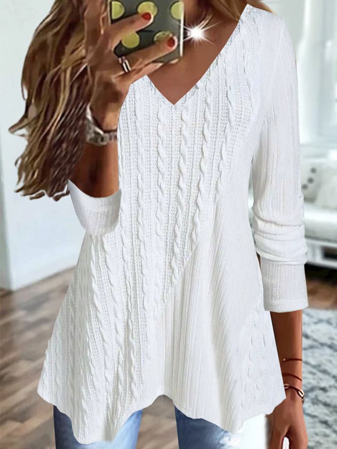 Groovy White Solid Color V Neck Sweater