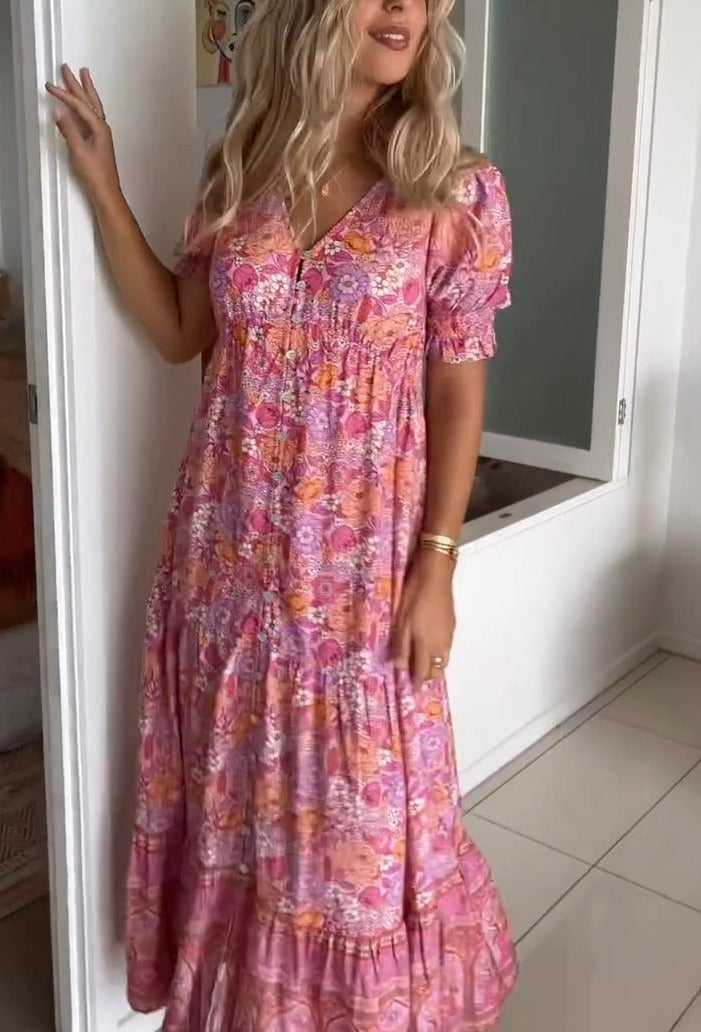 Pink maxi dress with short sleeves