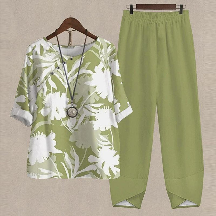 Green print 3/4 sleeves Two-piece set