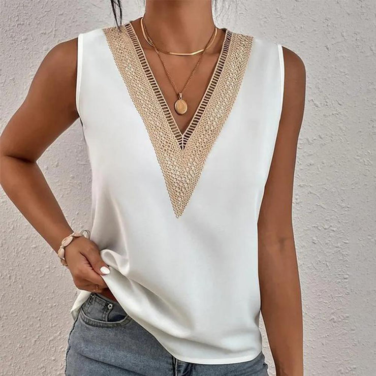 White sleeveless top with lace trim in beige