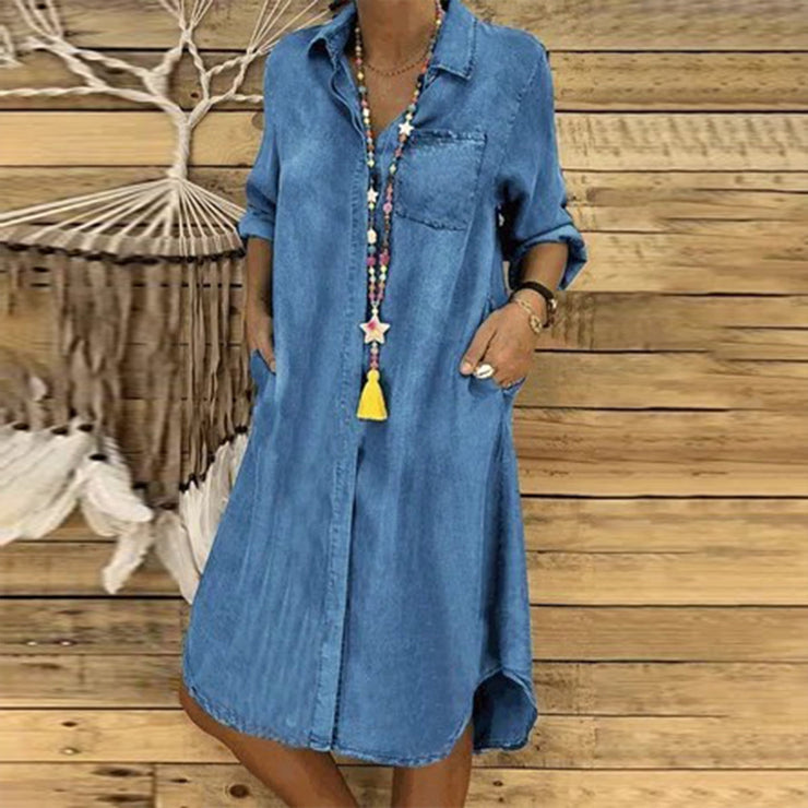 Oversized chambray denim button placket midi dress