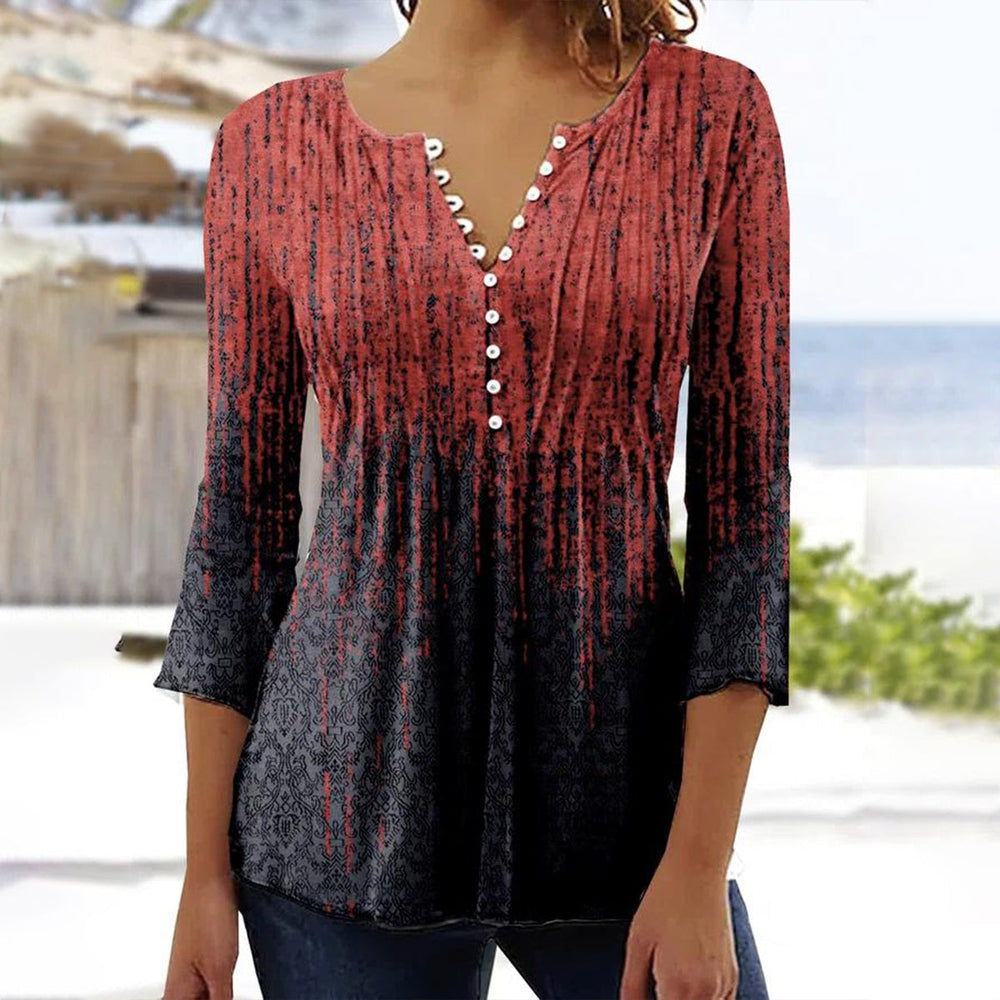 Ombre Red-Blue pleated top with ? sleeves and button placket