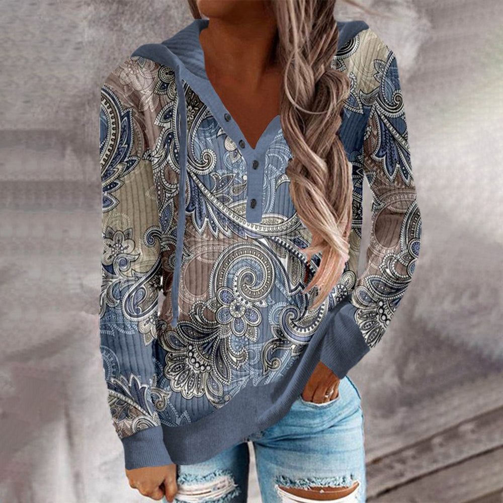 White Paisley Ombre Henley top with hood