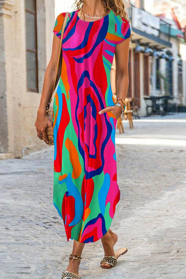 Eye-catching short sleeve midi dress with round neck