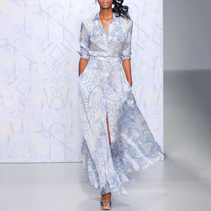 Elegant maxi dress with blue print