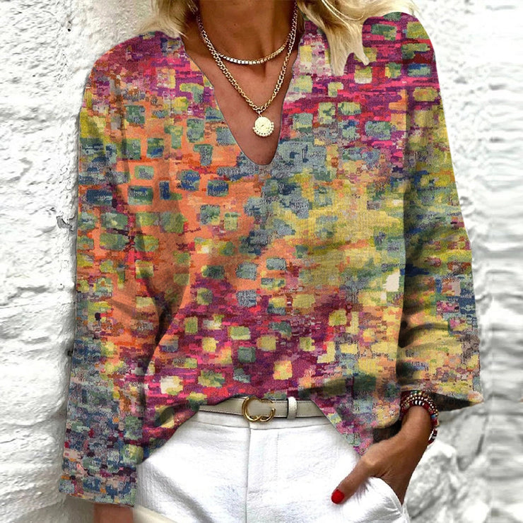 Ombre Square Color Dots Print Long Sleeve Top