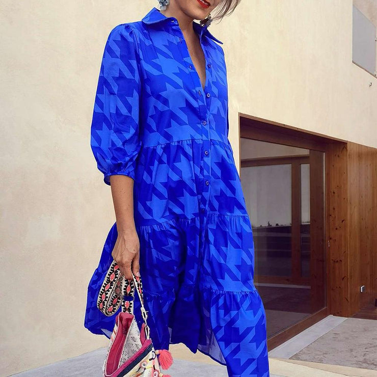 Blue printed midi dress with collar