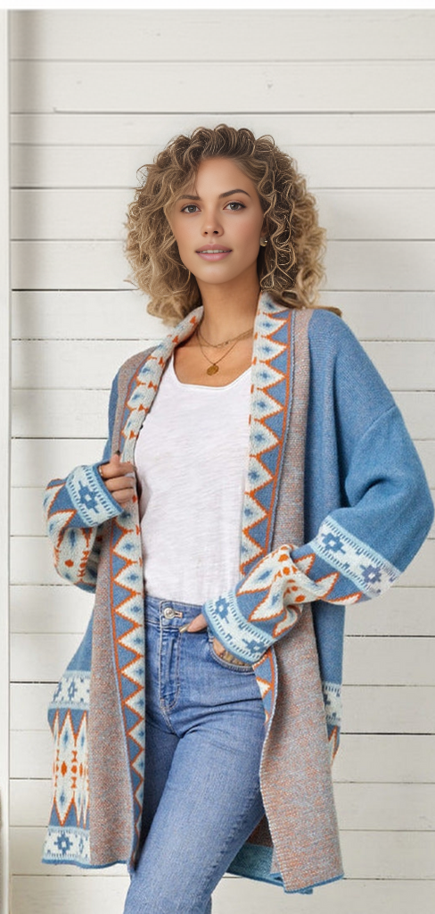 Fresh print Blue cardigan with long sleeves