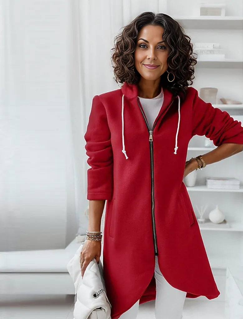 Motor Red Uneven Hem Hooded Sweater with Zipper Cardigan