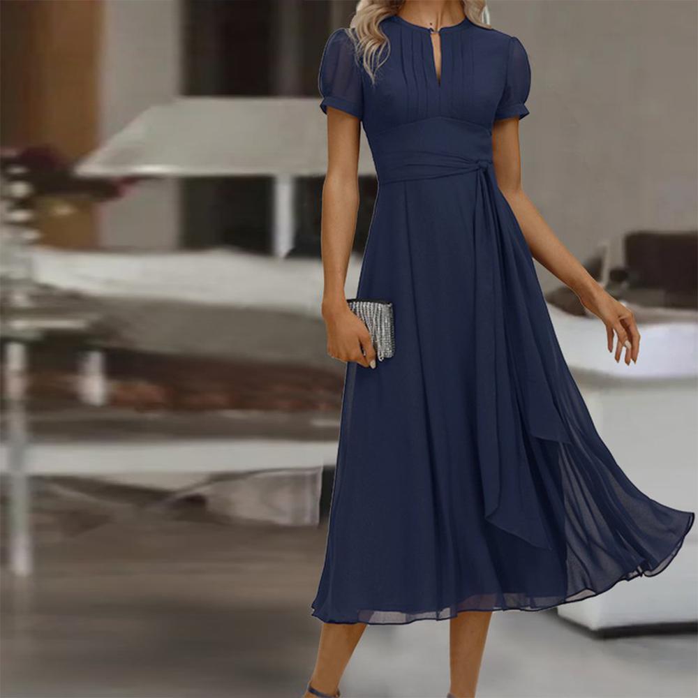 Navy blue solid color midi dress with short sleeves