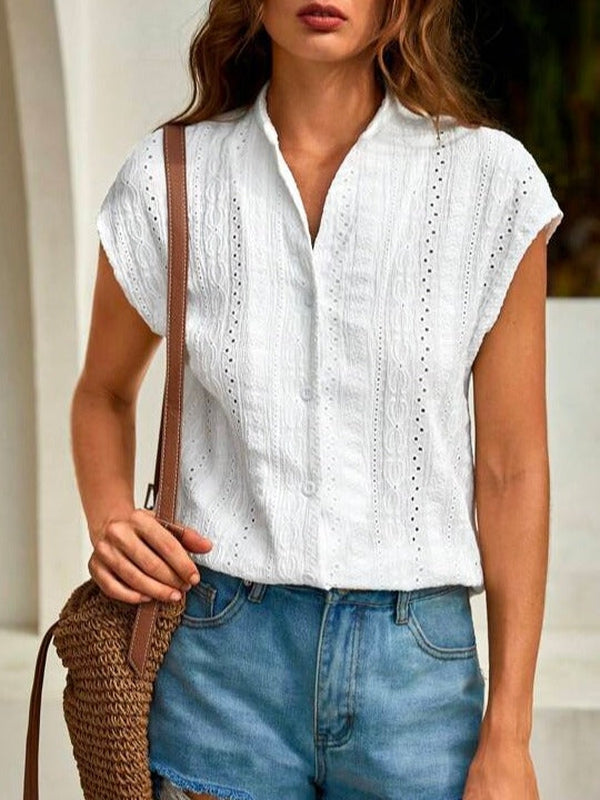 Elegant monochrome short sleeve top with V-neck