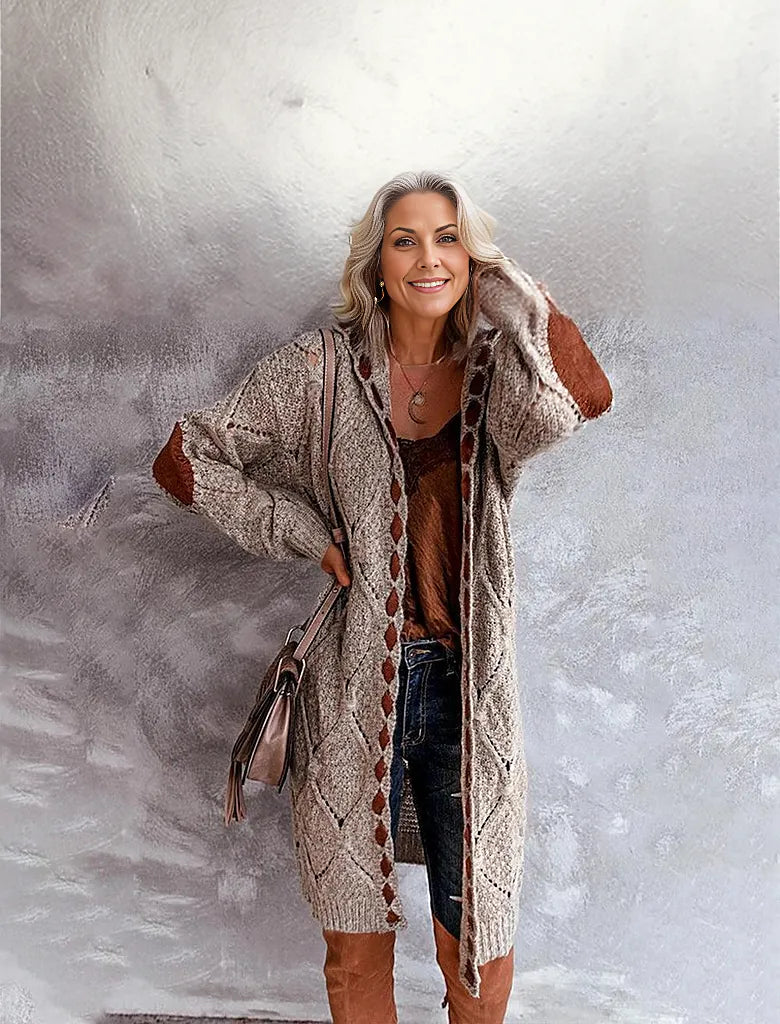 Khaki Diamond Elbow Patch Long Cardigan Sweater