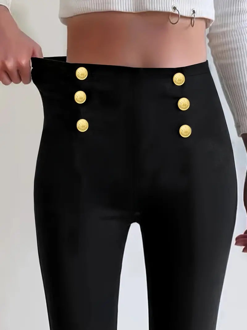 Elegant Black High Waist Gold Button Pants