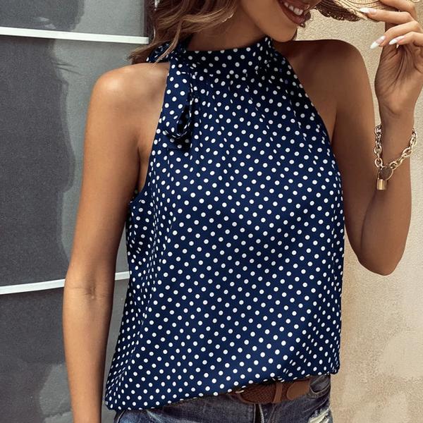 Navy Blue Sleeveless Polka Dot Tank Top