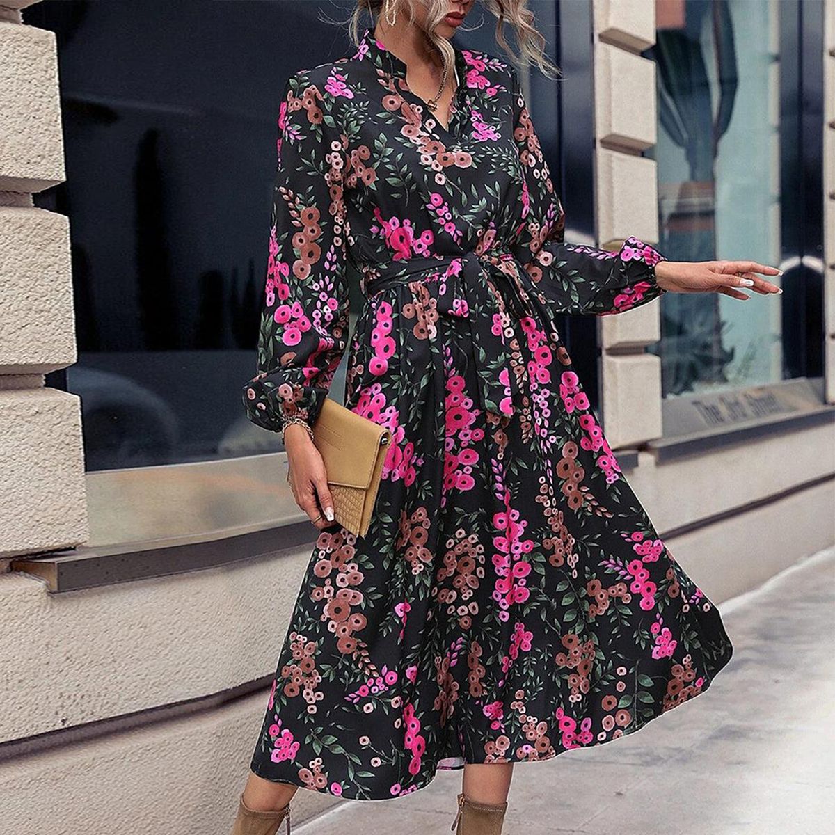 Popular print midi dress with long sleeves