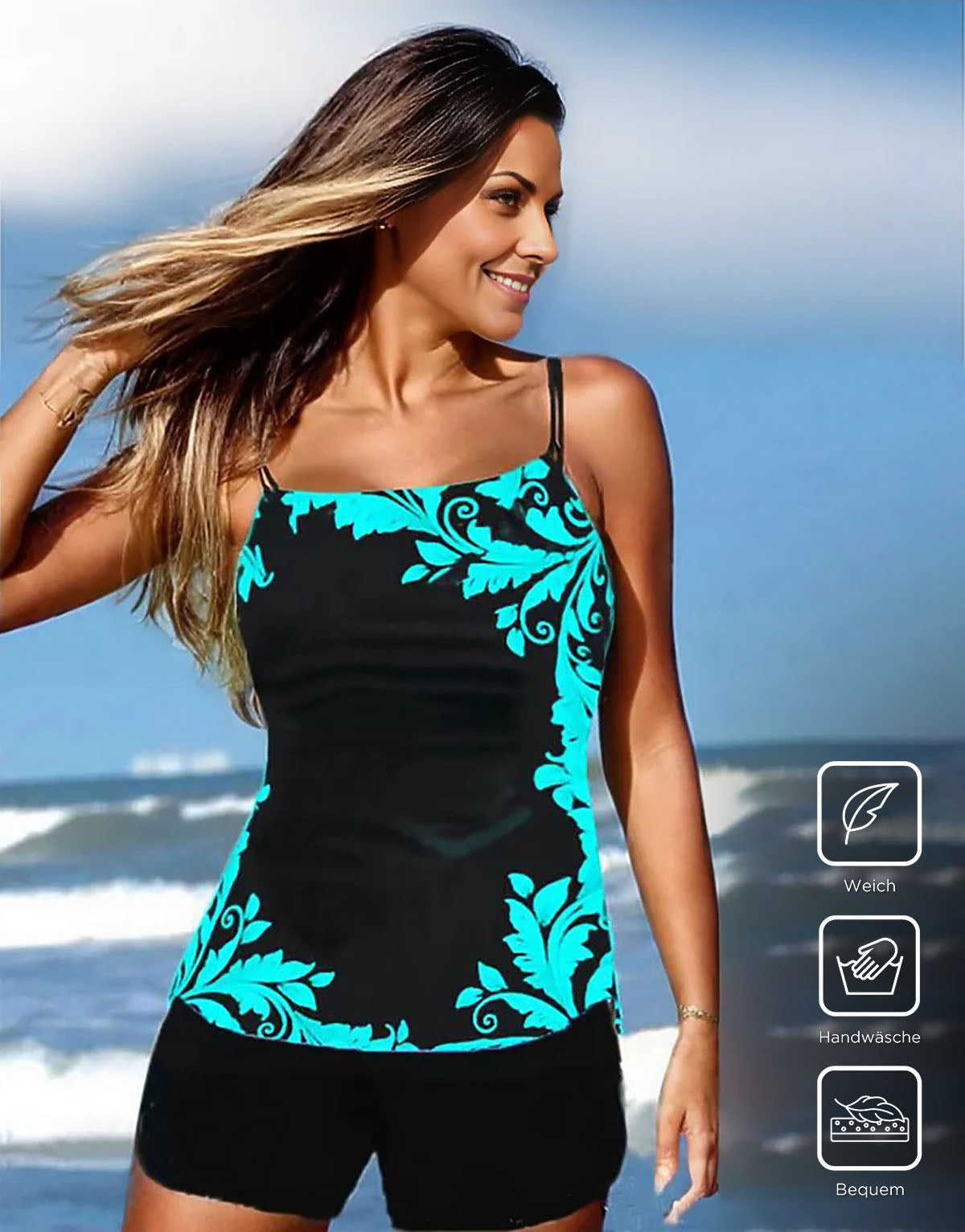 Dreamy plant print sleeveless blue swimwear