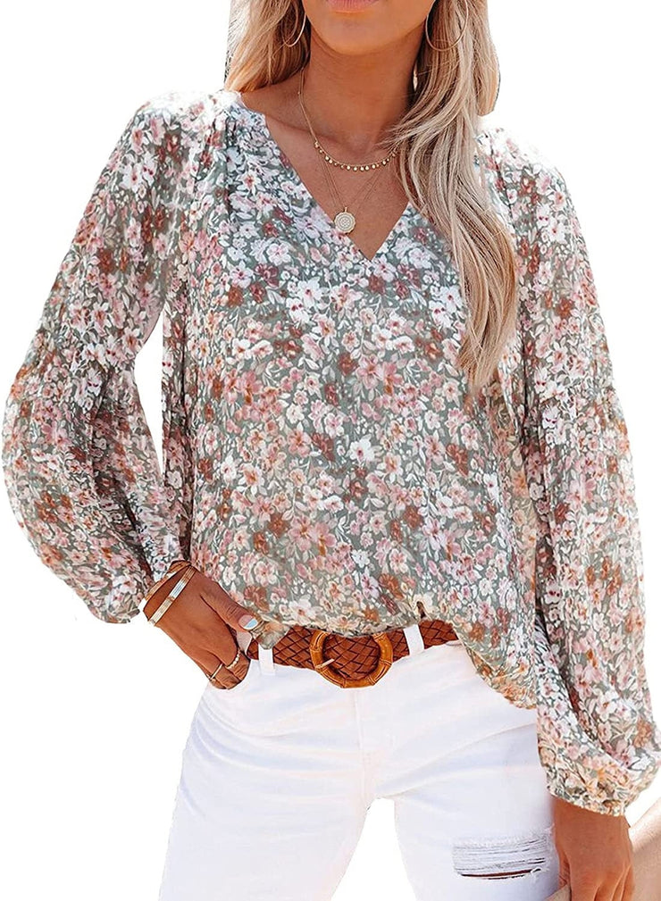 Colorful Mini Flower Pattern Long Sleeve Blouse Top