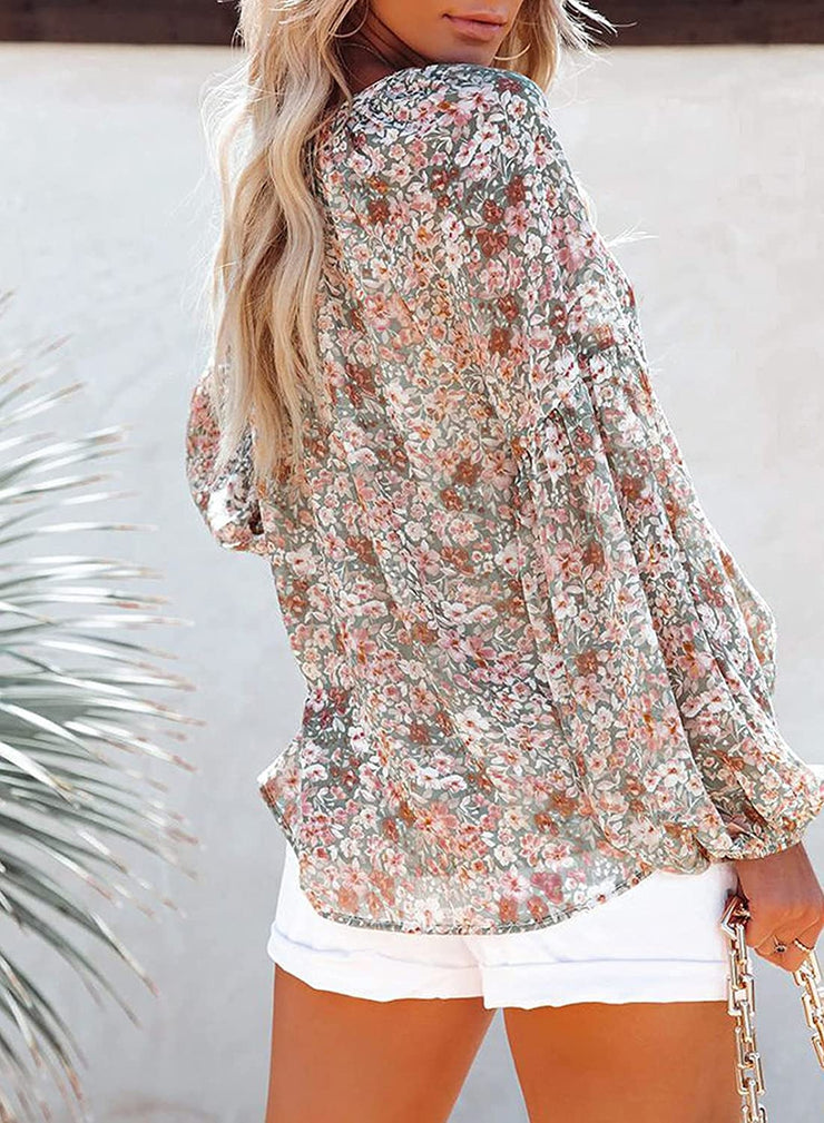 Colorful Mini Flower Pattern Long Sleeve Blouse Top