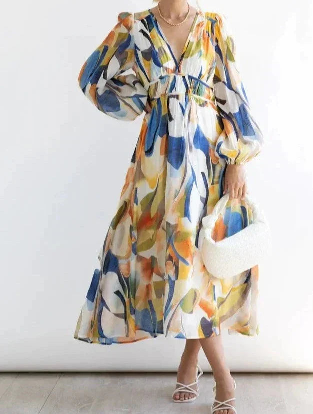 Long sleeve midi dress with colorful abstract print