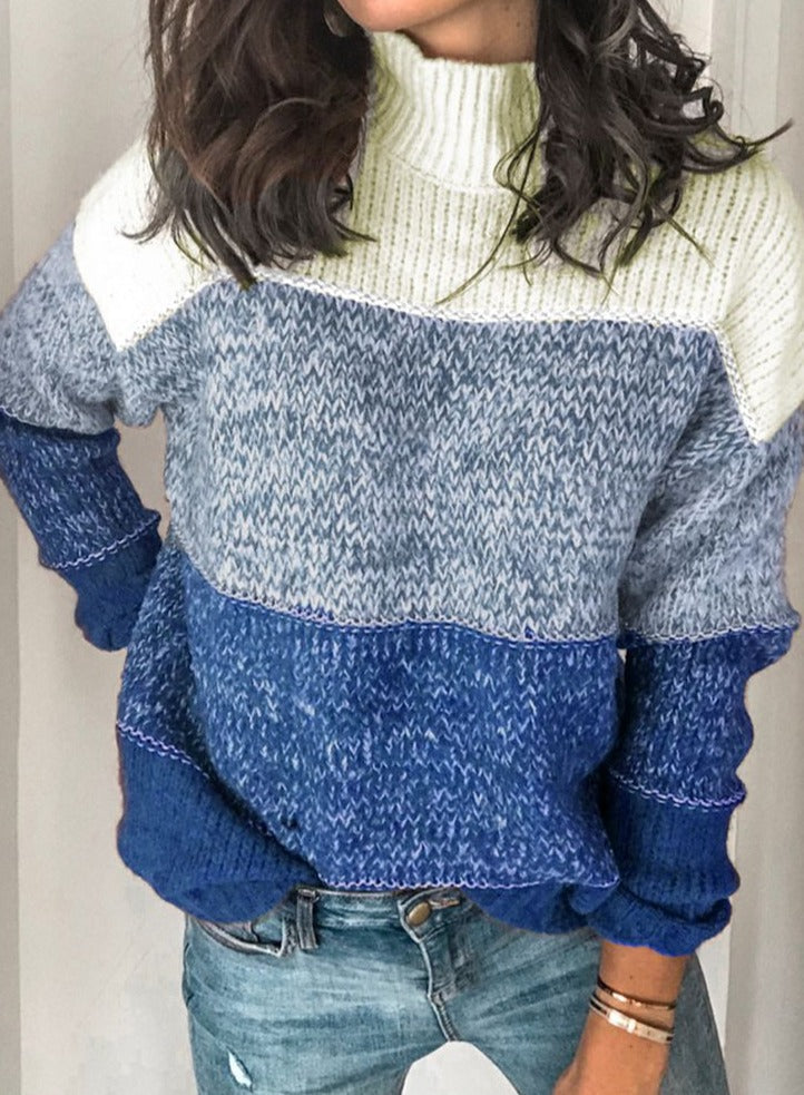 Blue long sleeve sweater with high neckline