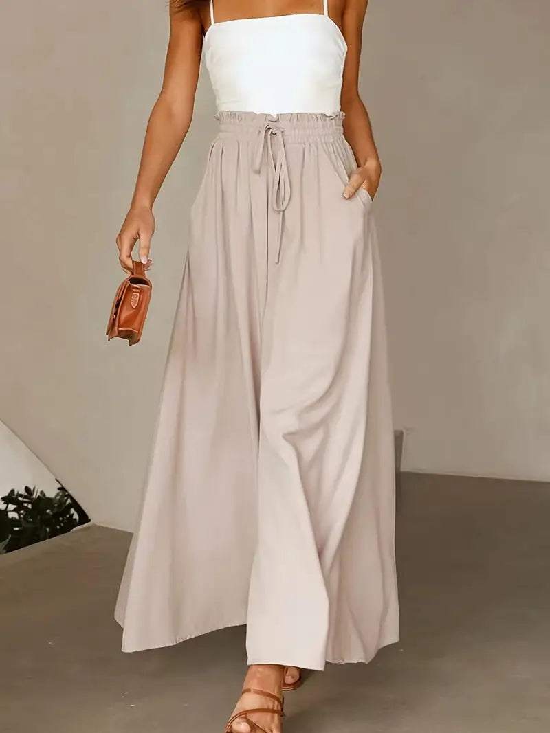 Beige Flowing Linen Summer Palazzo Pants