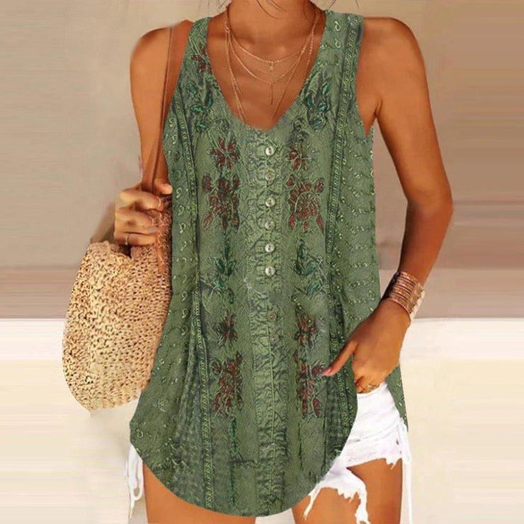 Sage green tank top with floral print and button placket