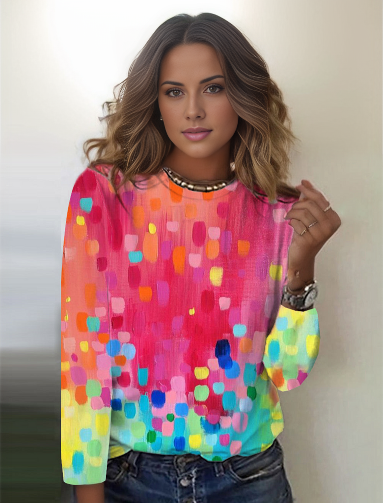 Raining Color Dots Round Neck Long Sleeve Top