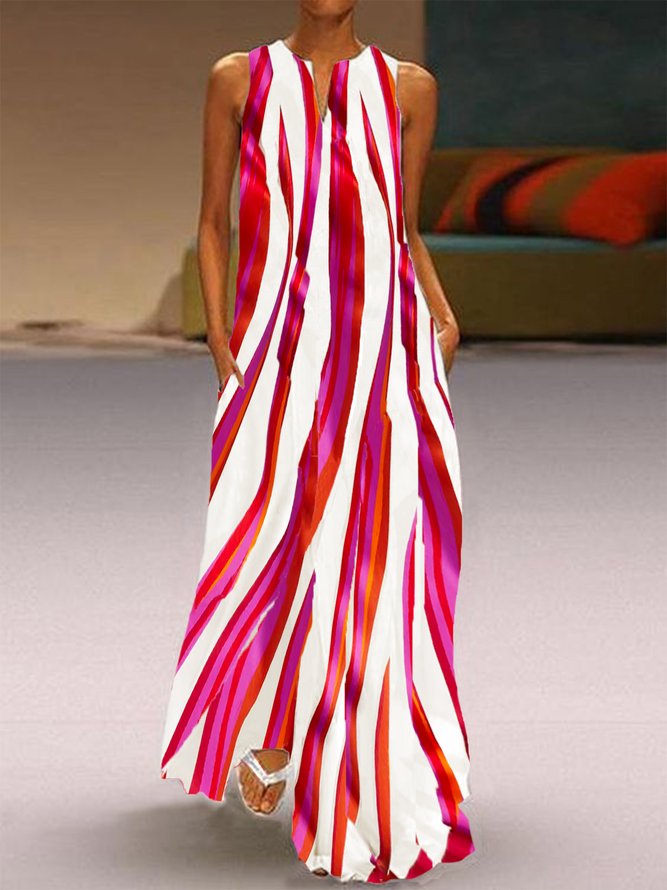 Stylish rose red striped sleeveless maxi dress