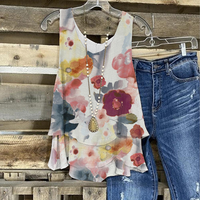 Multi-layer tank top with watercolor floral print