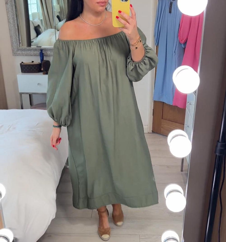 Baggy Green Solid Color Off Shoulder Maxi Dress