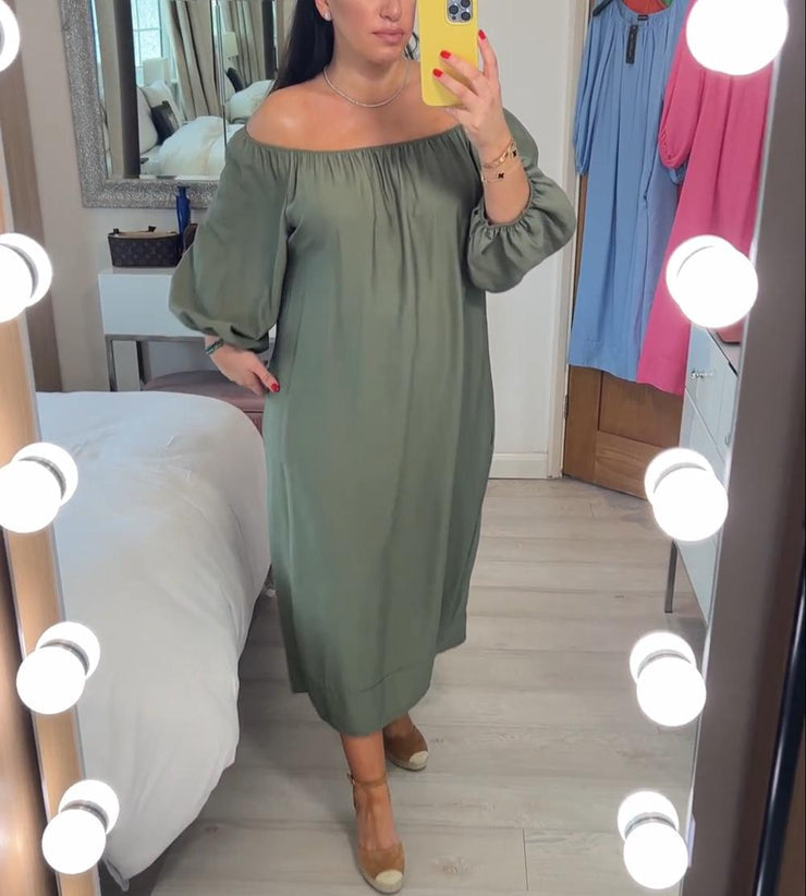 Baggy Green Solid Color Off Shoulder Maxi Dress