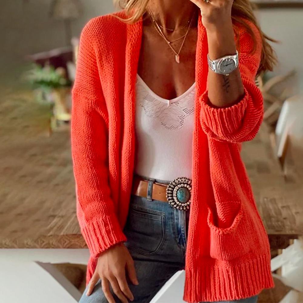 Orange solid color cardigan with long sleeves