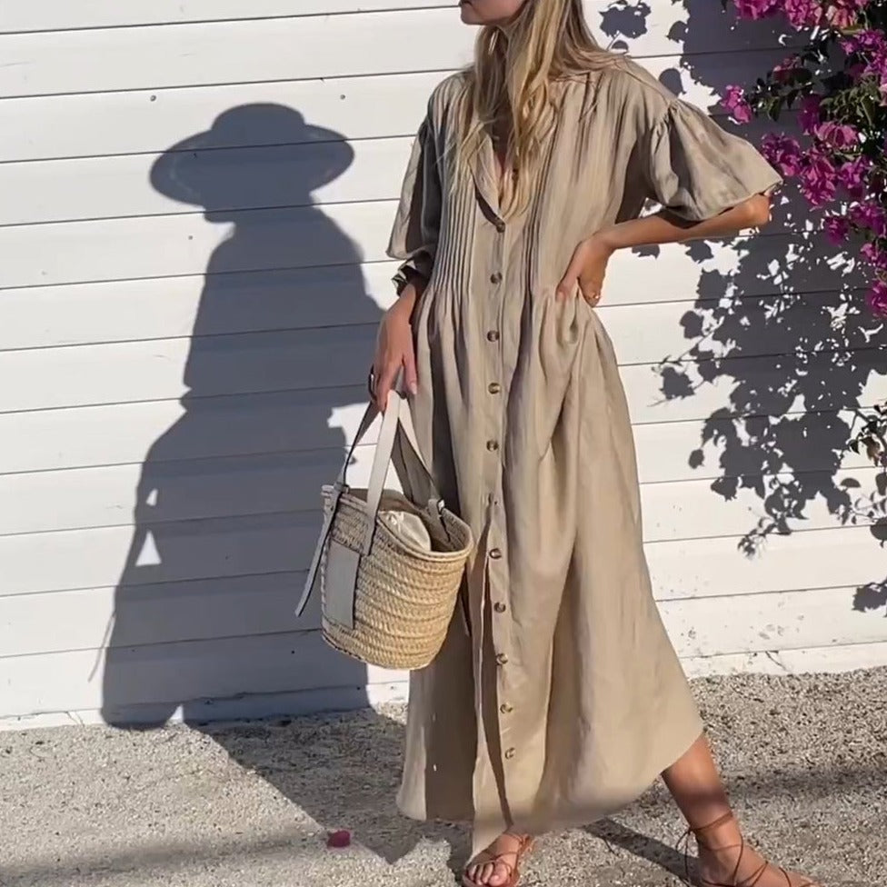 Brown solid color baggy long sleeve maxi dress