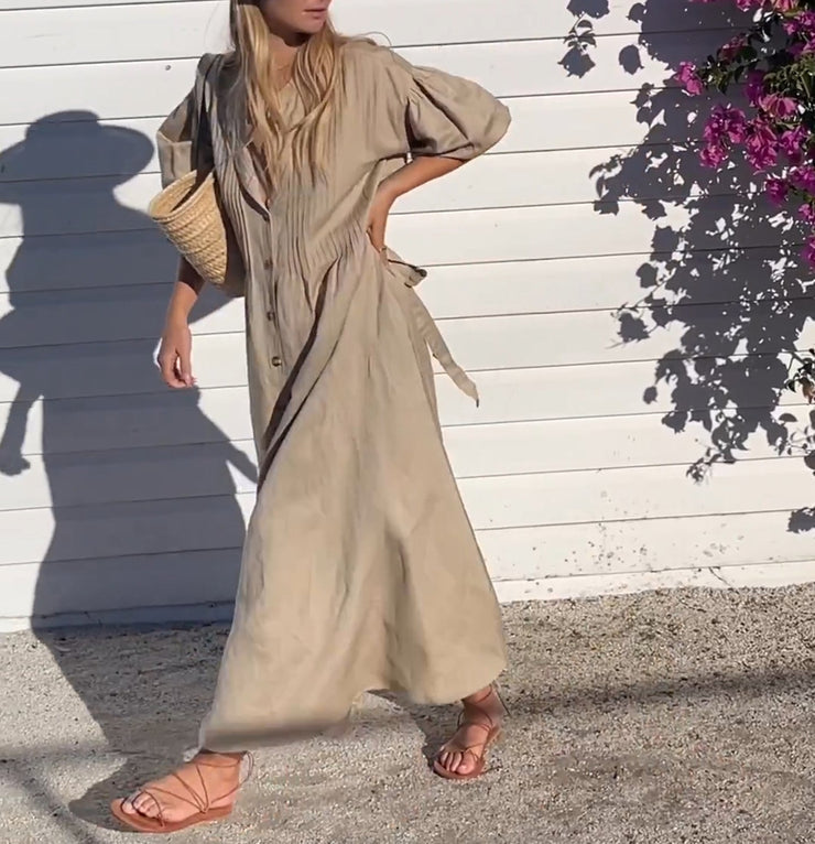 Brown solid color baggy long sleeve maxi dress