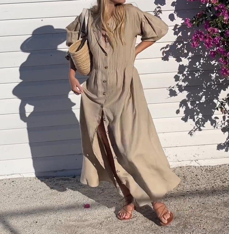 Brown solid color baggy long sleeve maxi dress