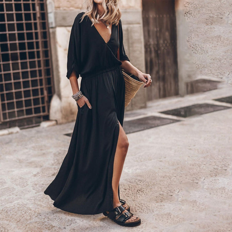 Elegant monochrome black maxi dress with V-neck