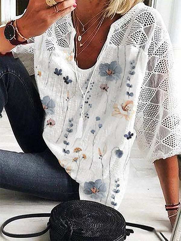 Geo Lace Mesh Floral Print White ? Sleeve Top