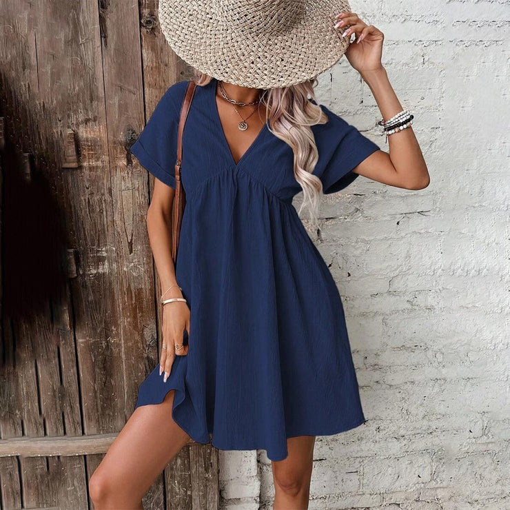 Navy blue monochrome mini dress with short sleeves