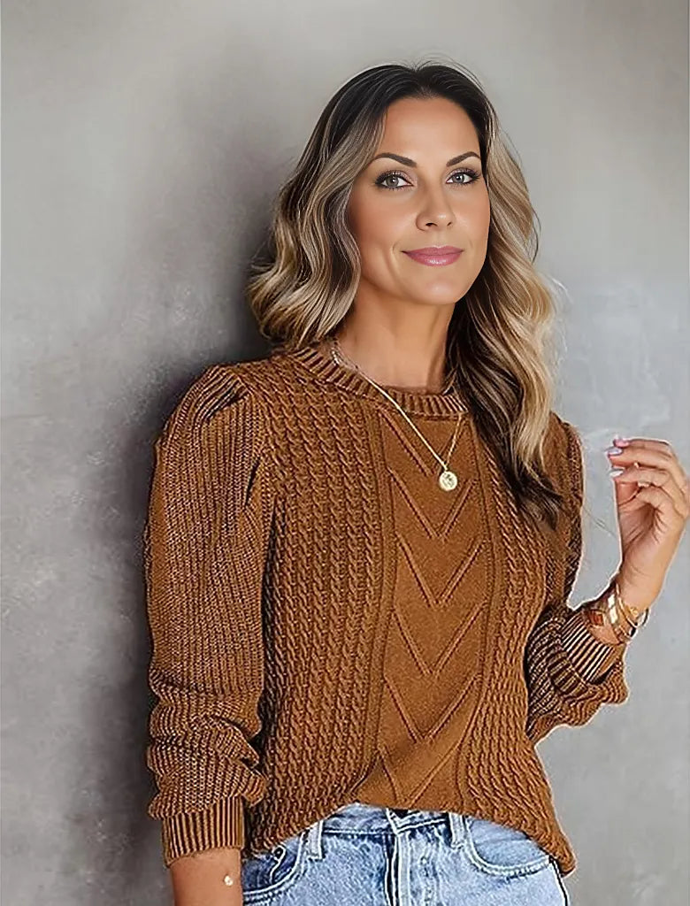 Brown monochrome long sleeve sweater with round neck