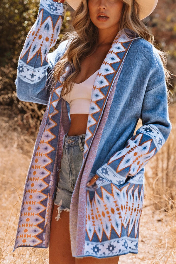 Women's Pullover Blue Aztec Pattern Front Open Knitted Cardigan