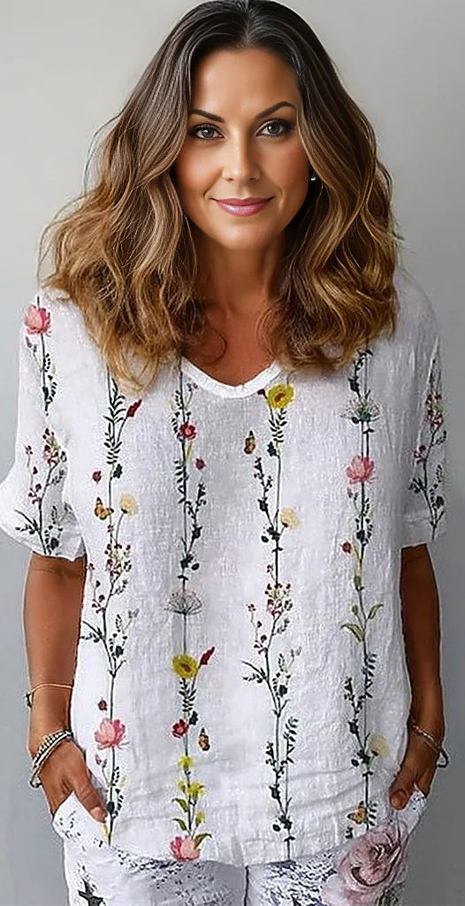 Breezy Plant V Neck Top