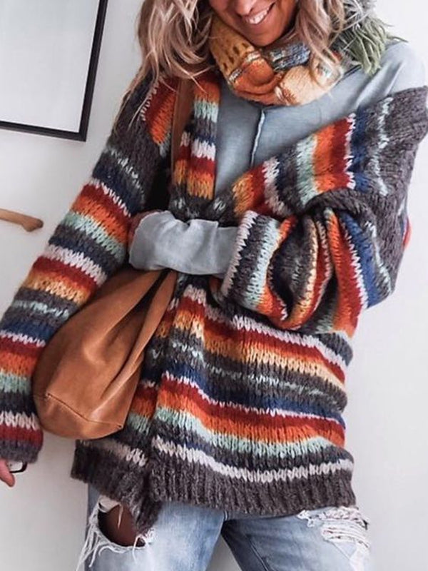 Grey long-sleeved striped outerwear