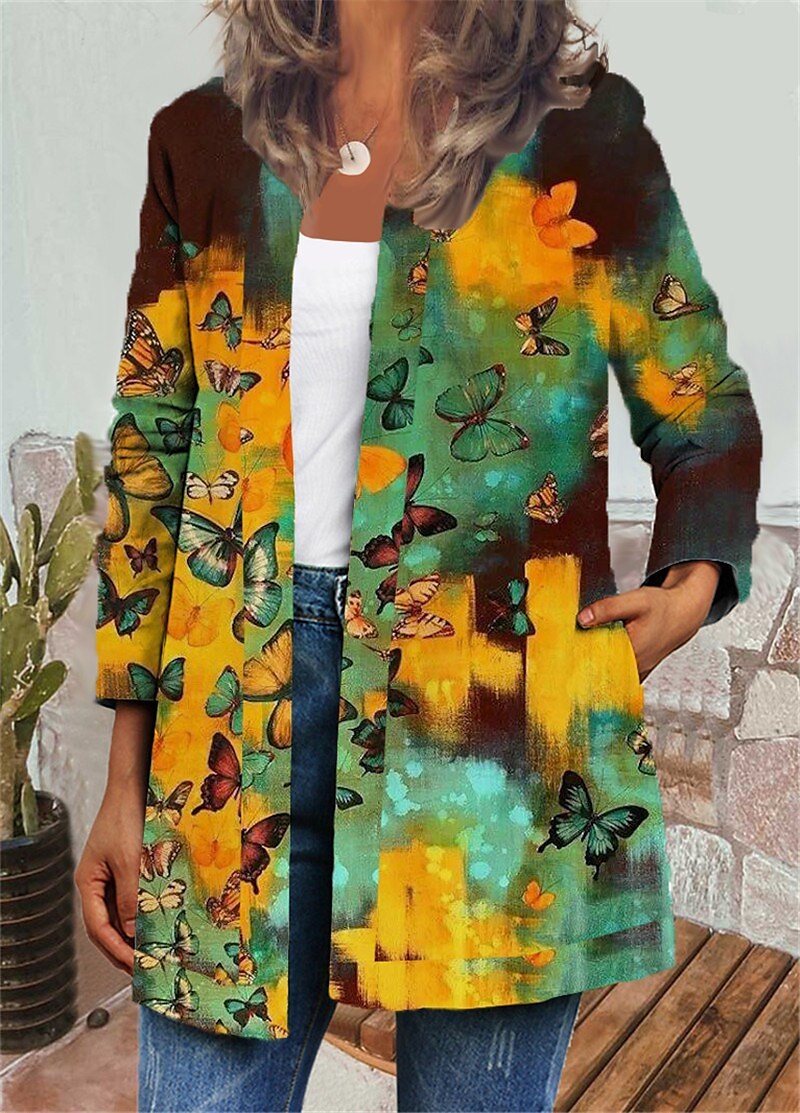 Yellow Ladies Long Sleeve Butterfly Pattern Casual Jacket