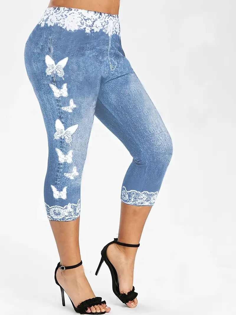 Blue denim lace butterfly Capri jeans