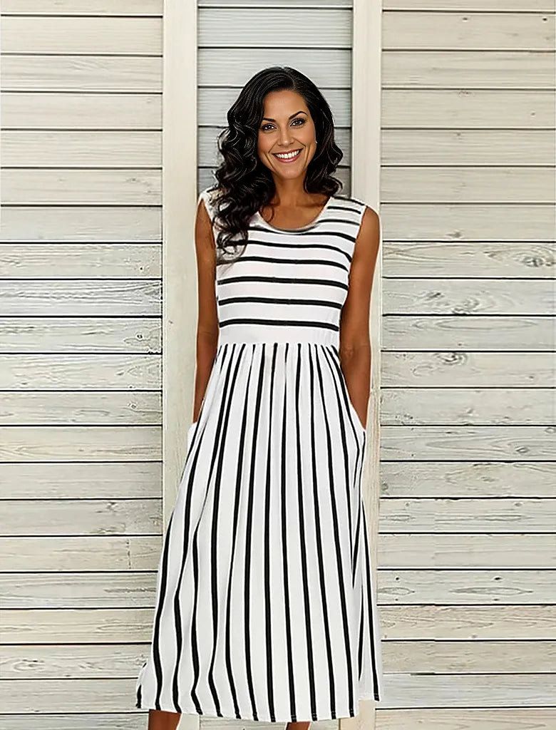 Black and white striped sleeveless midi dress with side pockets