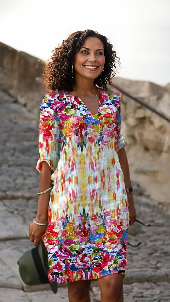 Casual Medium Flower Dress With V Neck