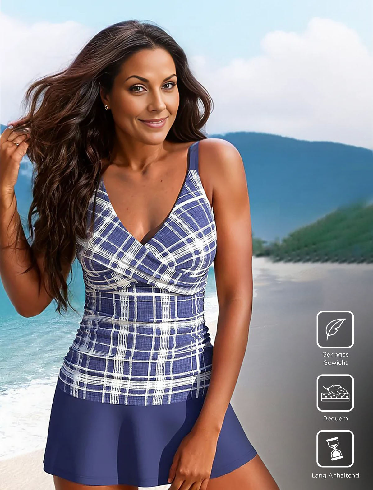 Blue plaid sleeveless swimwear