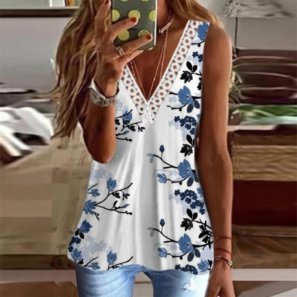 Blue flower sleeveless V-neck summer cami