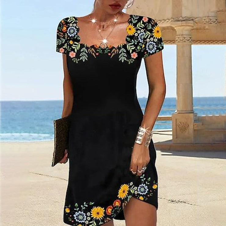 Black mini dress with colorful floral print