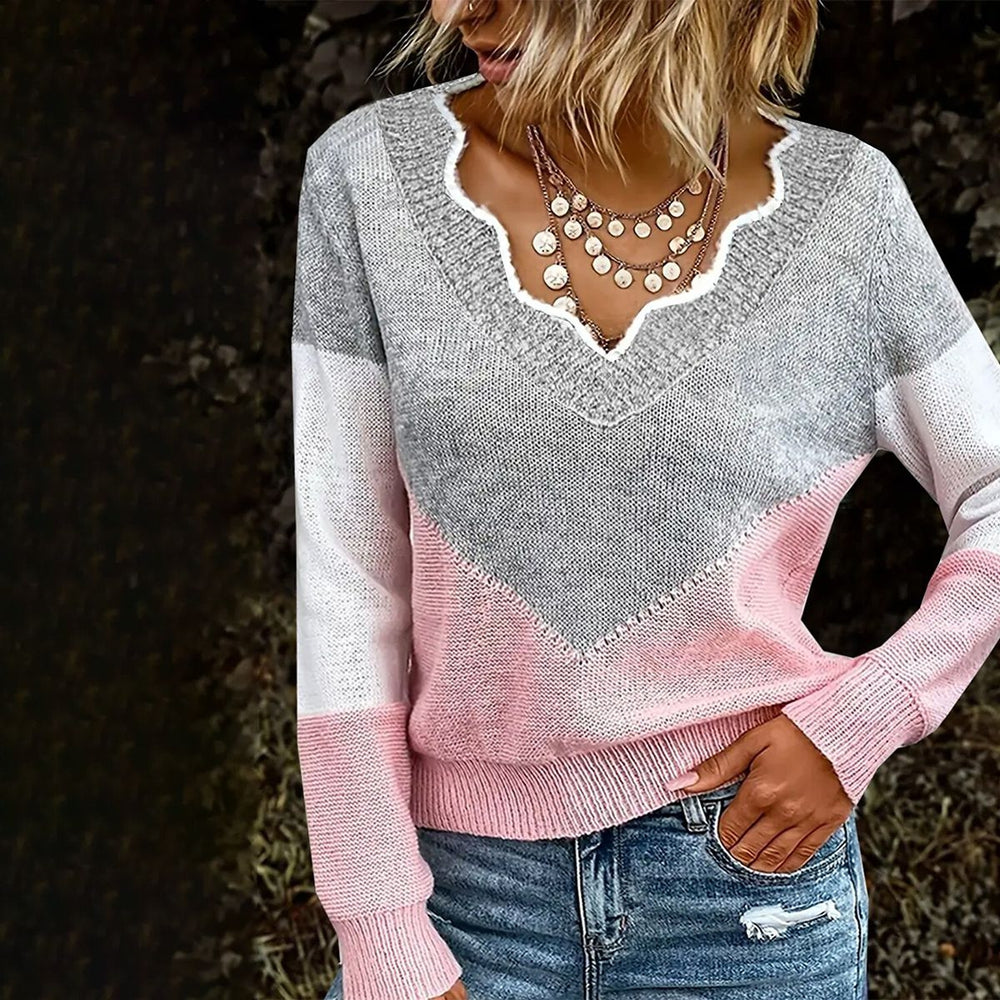 Trendy Color Block Sweater with V Neck